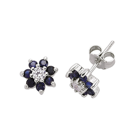 Silver  Blue CZ Flower Cluster Stud Earrings - GVE178