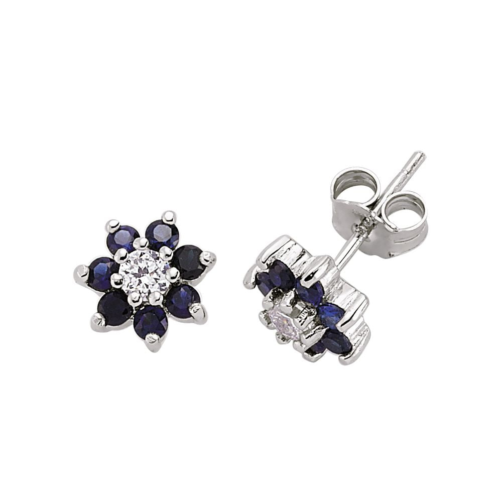 Silver  Blue CZ Flower Cluster Stud Earrings - GVE178