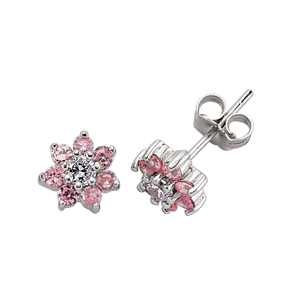 Silver  Pink CZ Flower Cluster Stud Earrings - GVE179