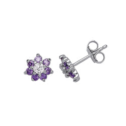 Silver  Purple CZ Flower Cluster Stud Earrings - GVE179A