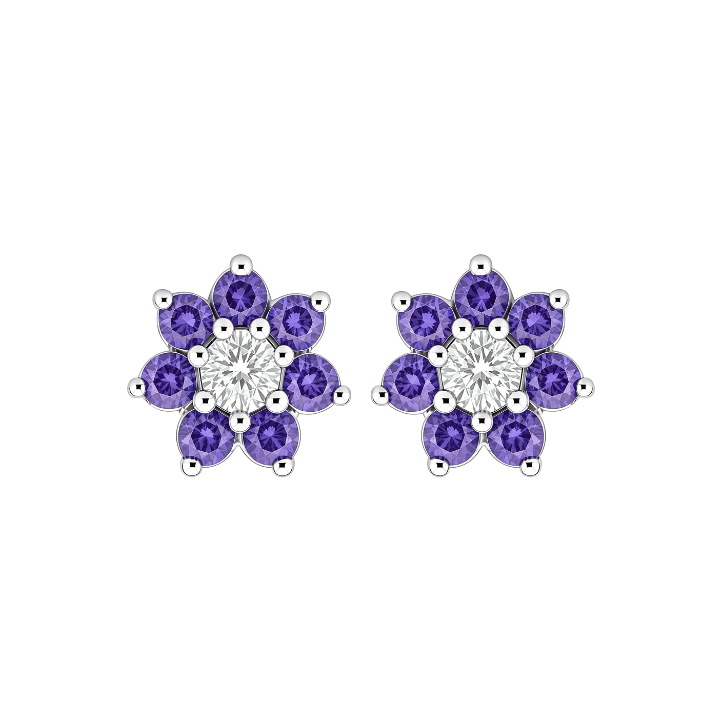 Silver  Purple CZ Flower Cluster Stud Earrings - GVE179A