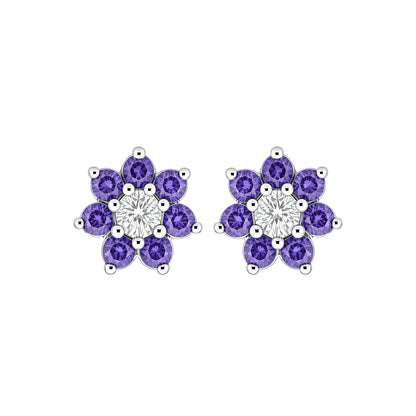 Silver  Purple CZ Flower Cluster Stud Earrings - GVE179A