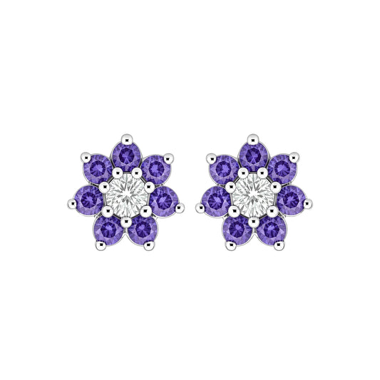 Silver  Purple CZ Flower Cluster Stud Earrings - GVE179A