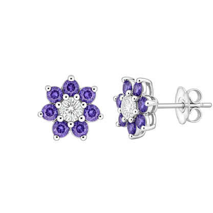 Silver  Purple CZ Flower Cluster Stud Earrings - GVE179A