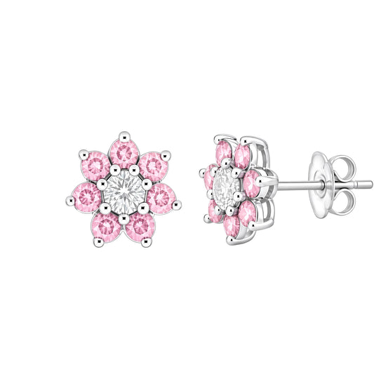 Silver  Pink CZ Flower Cluster Stud Earrings - GVE179