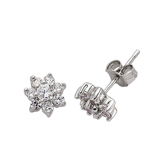 Silver  CZ Flower Cluster Stud Earrings - GVE180