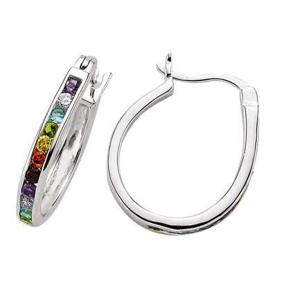 Silver  Multi Colour CZ Rainbow Huggie Hoop Drop Earrings 17x21mm - GVE185