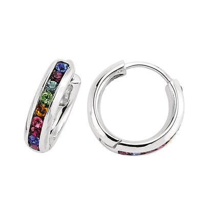 Silver  Multi Colour CZ Rainbow Huggie Hoop Earrings 15mm - GVE186