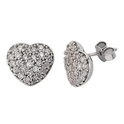 Silver  CZ Pave Heart Stud Earrings - GVE194