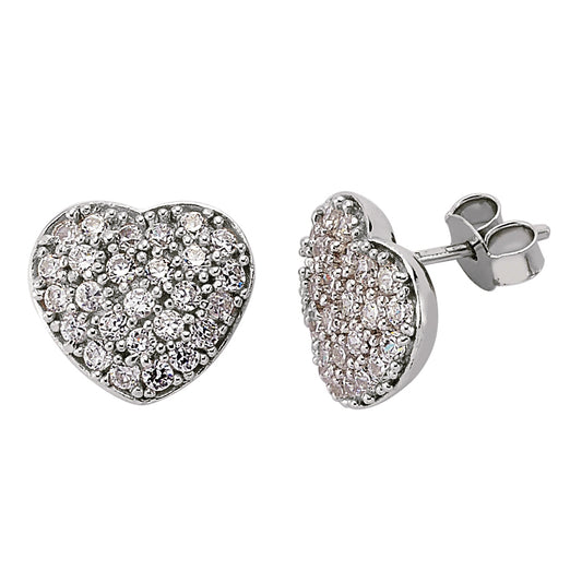 Silver  CZ Pave Heart Stud Earrings - GVE194