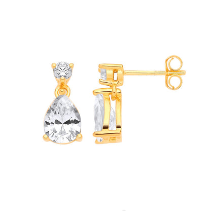 Gold-plated Silver  Pear CZ Tears of Joy Toi et Moi Drop Earrings - GVE197YG