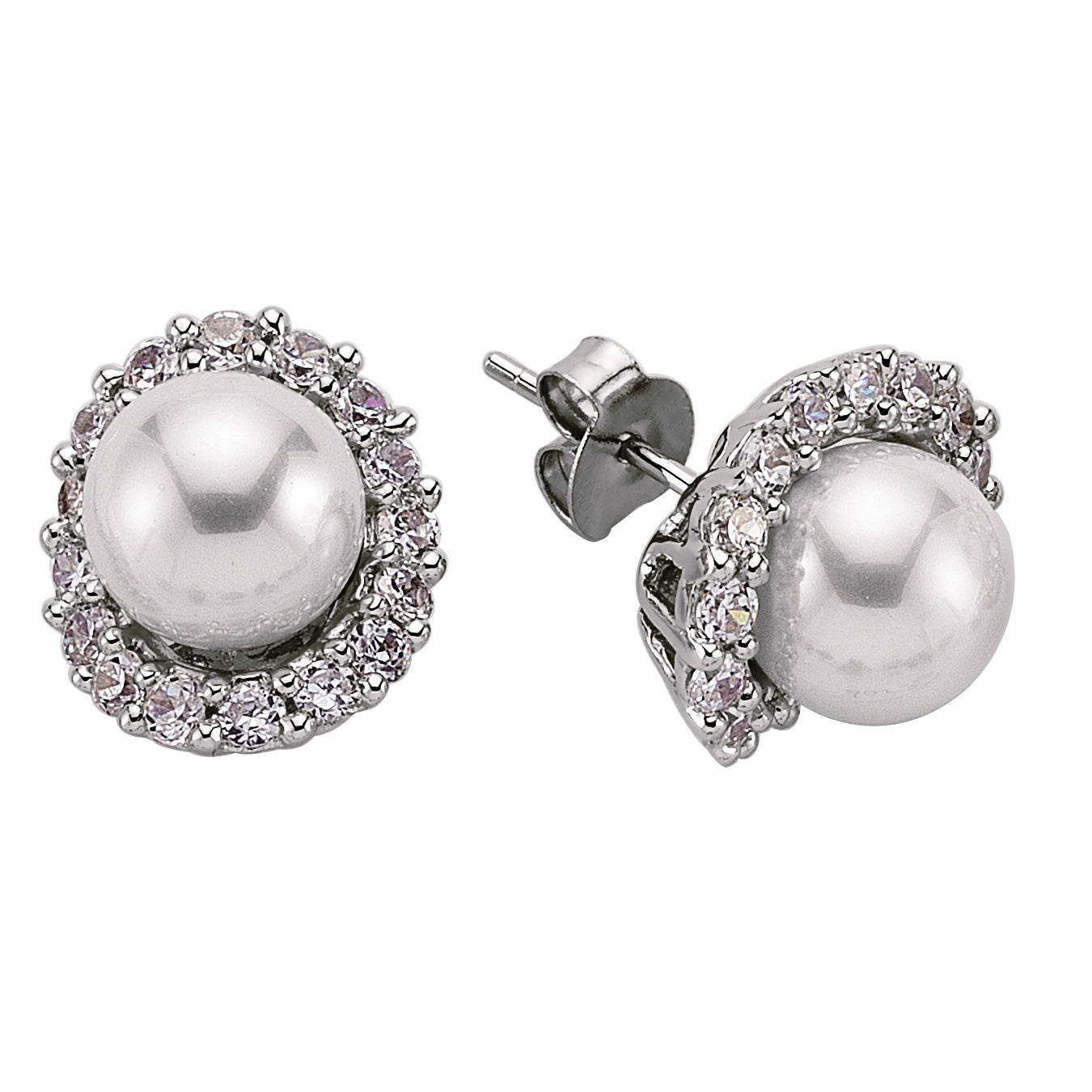 Silver  CZ Pearl Curved Halo Stud Earrings 9mm - GVE206