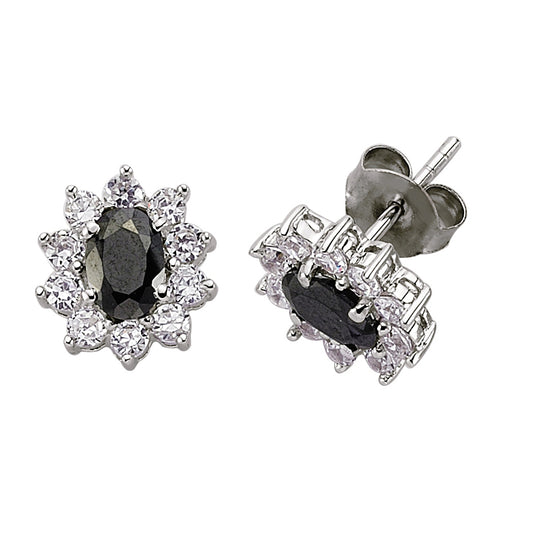 Silver  Black Oval CZ Cluster Stud Earrings - GVE207