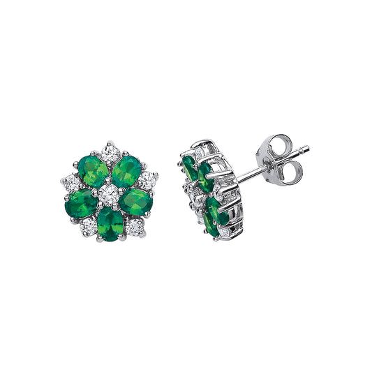 Silver  Green Oval CZ Tudor Rose Flower Petal Stud Earrings - GVE212EME