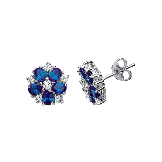 Silver  Blue Oval CZ Tudor Rose Flower Petal Stud Earrings - GVE212SAP