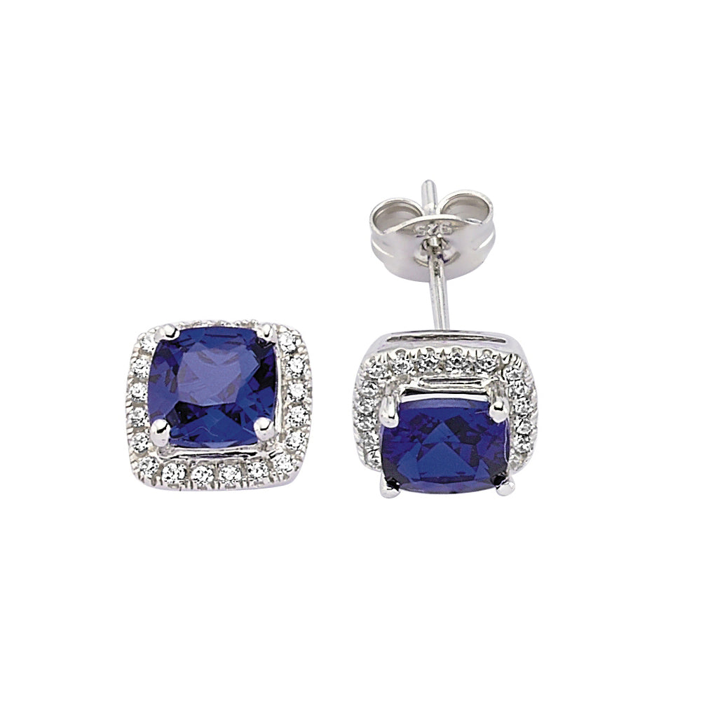 Silver  Blue Asscher CZ Halo Cluster Stud Earrings - GVE219