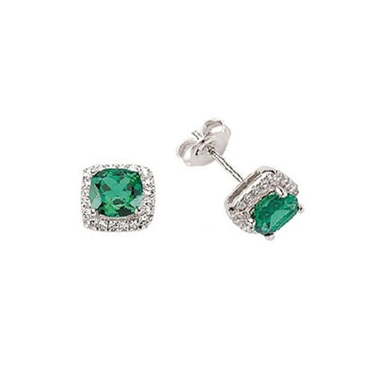 Silver  Green Cushion CZ Halo Cluster Stud Earrings - GVE219EM