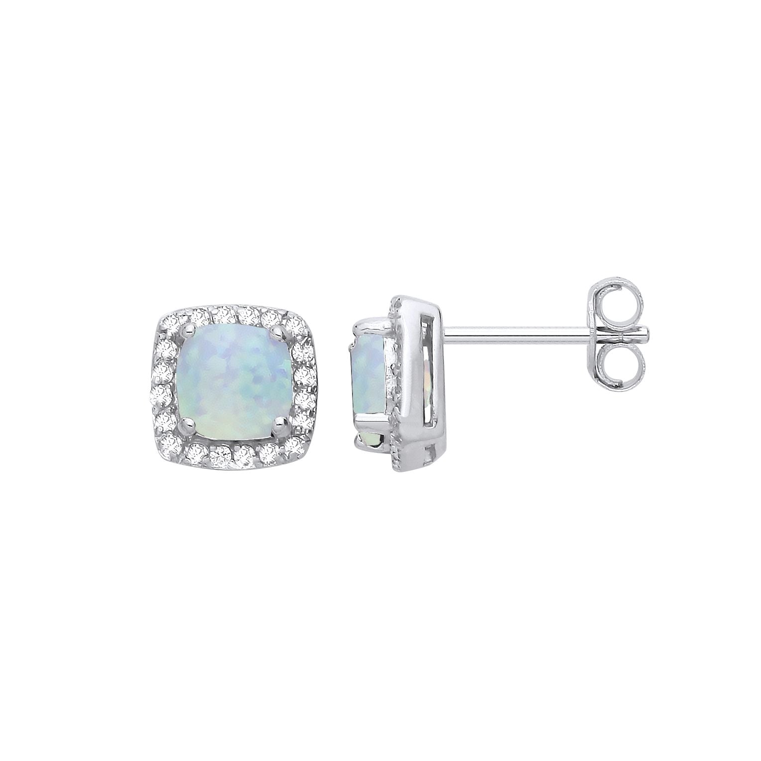 Silver  Opal Cushion CZ Halo Cluster Stud Earrings - GVE219OP