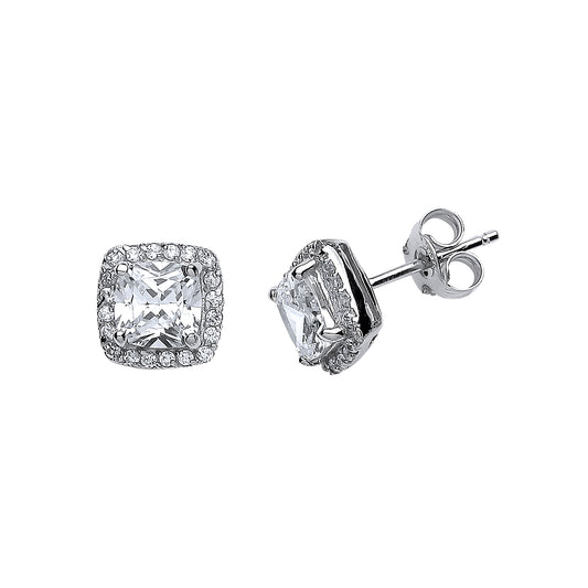 Silver  Cushion CZ Halo Cluster Stud Earrings - GVE219WHT