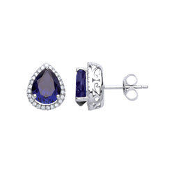 Silver  Blue Pear CZ Pear Halo Stud Earrings - GVE222SAP