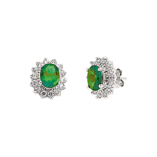 Silver  Green Oval CZ Royal Cluster Stud Earrings - GVE247EM