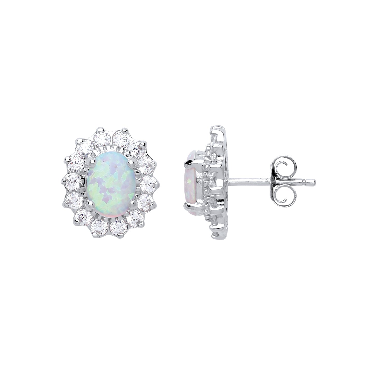 Silver  oval Opal Royal Cluster Stud Earrings - GVE247OP