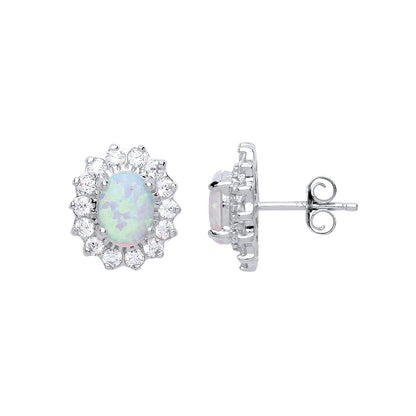 Silver  oval Opal Royal Cluster Stud Earrings - GVE247OP