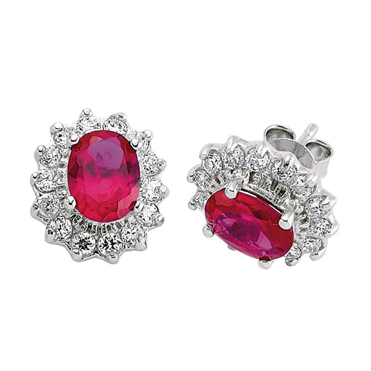 Silver  Red Oval CZ Royal Cluster Stud Earrings - GVE247RU