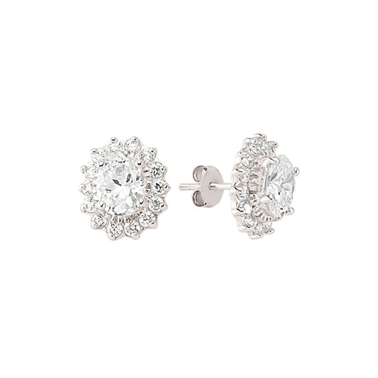 Silver  Oval CZ Cluster Stud Earrings - GVE247W