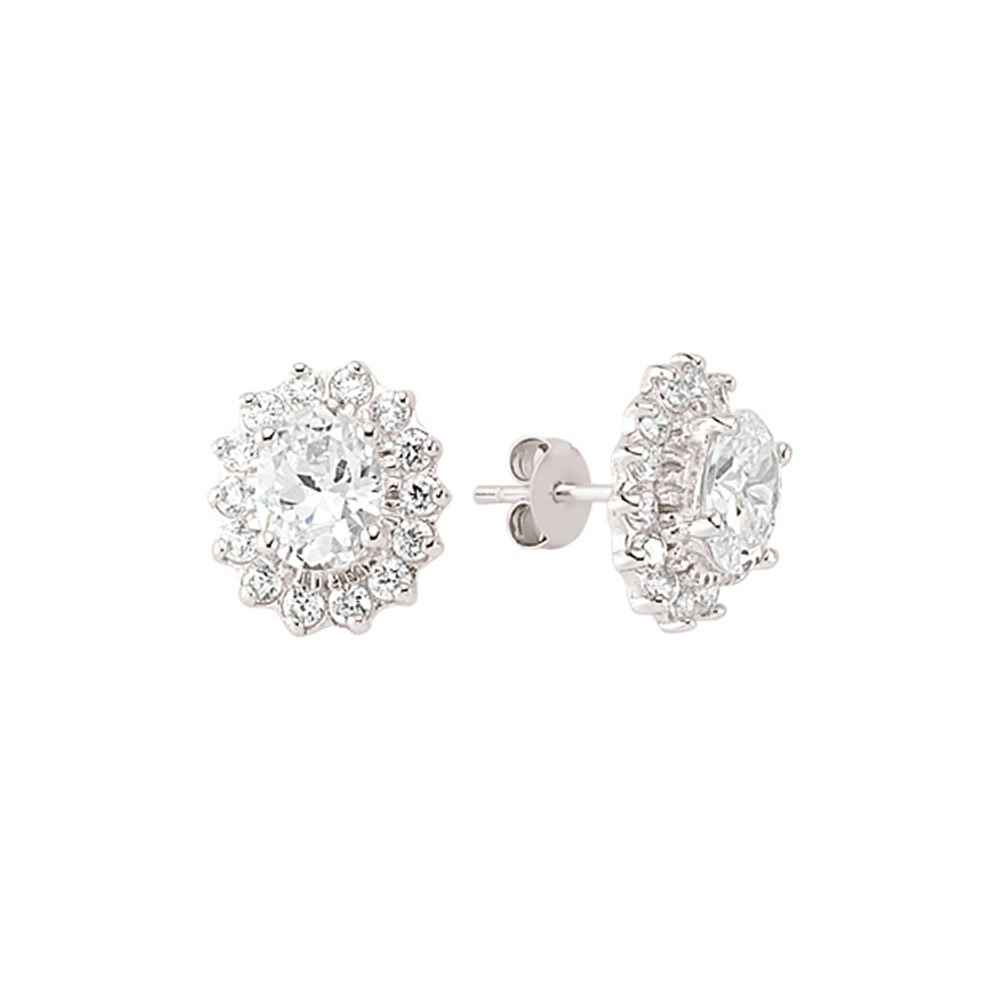 Silver  Oval CZ Cluster Stud Earrings - GVE247W