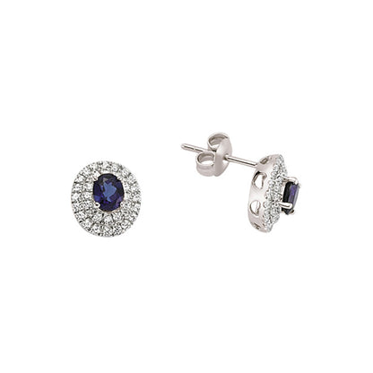 Silver  Blue Oval CZ Halo Stud Earrings - GVE313