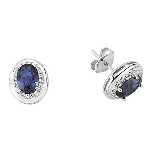 Silver  Blue Oval CZ Halo Stud Earrings - GVE314