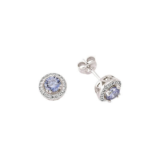 Silver  Blue CZ Halo Stud Earrings - GVE319