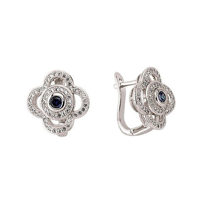 Silver  Blue and White CZ Clover Halo Hoop Earrings mm - GVE320