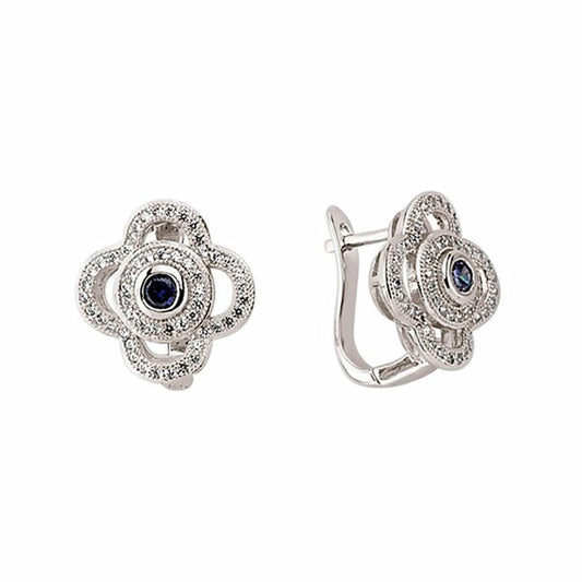 Silver  Blue and White CZ Clover Halo Hoop Earrings mm - GVE320