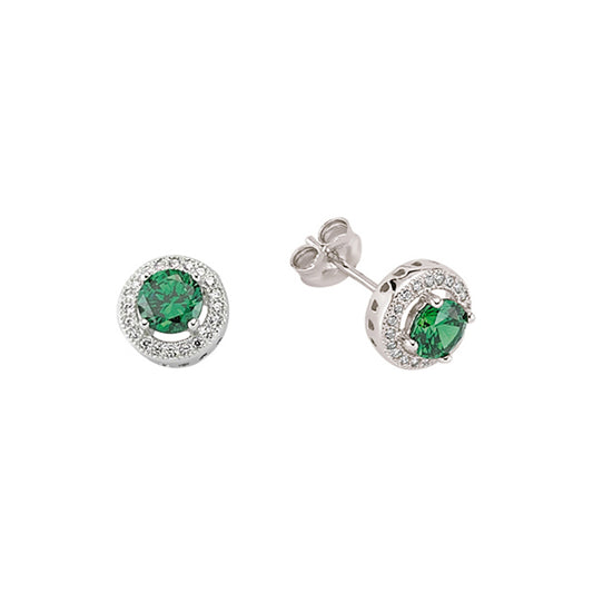 Silver  Green CZ Halo Stud Earrings - GVE321