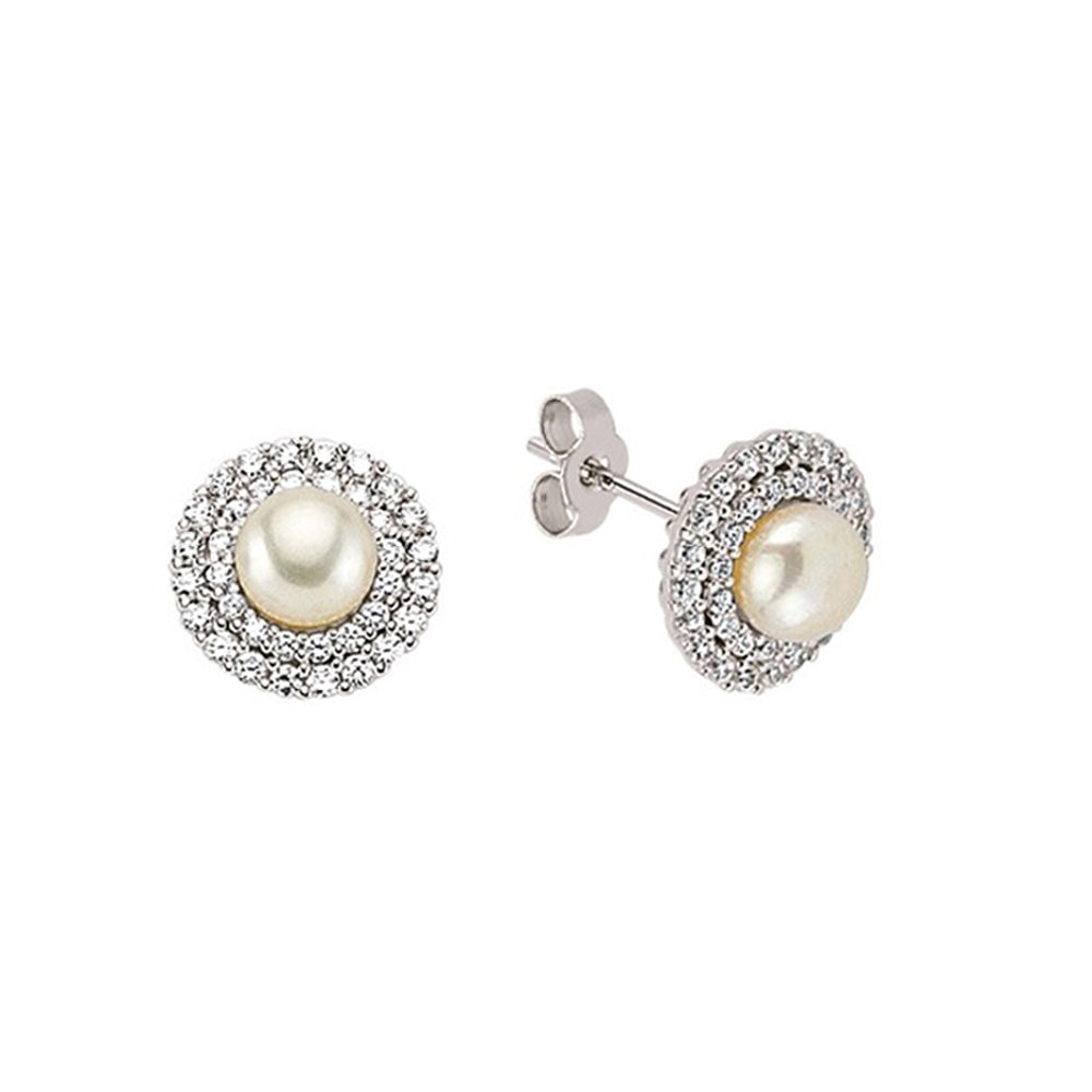 Silver  CZ 7mm Pearl Halo Stud Earrings 12mm - GVE332