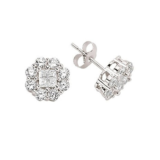 Silver  Princess Cut CZ Wreath Cluster Stud Earrings - GVE343