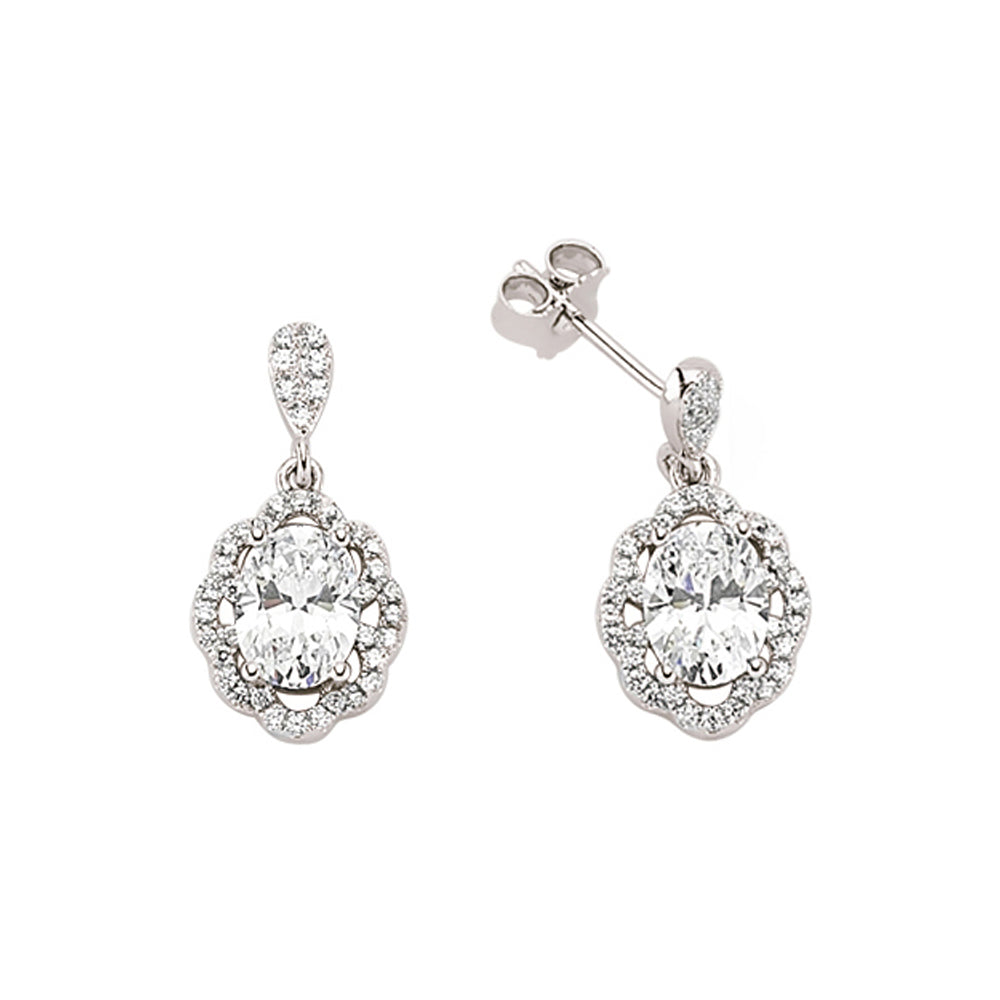 Silver  Oval CZ Floral Halo Drop Earrings - GVE344