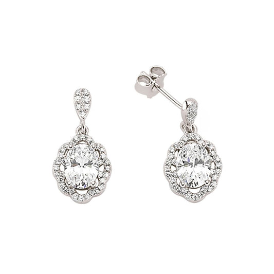 Silver  Oval CZ Floral Halo Drop Earrings - GVE344