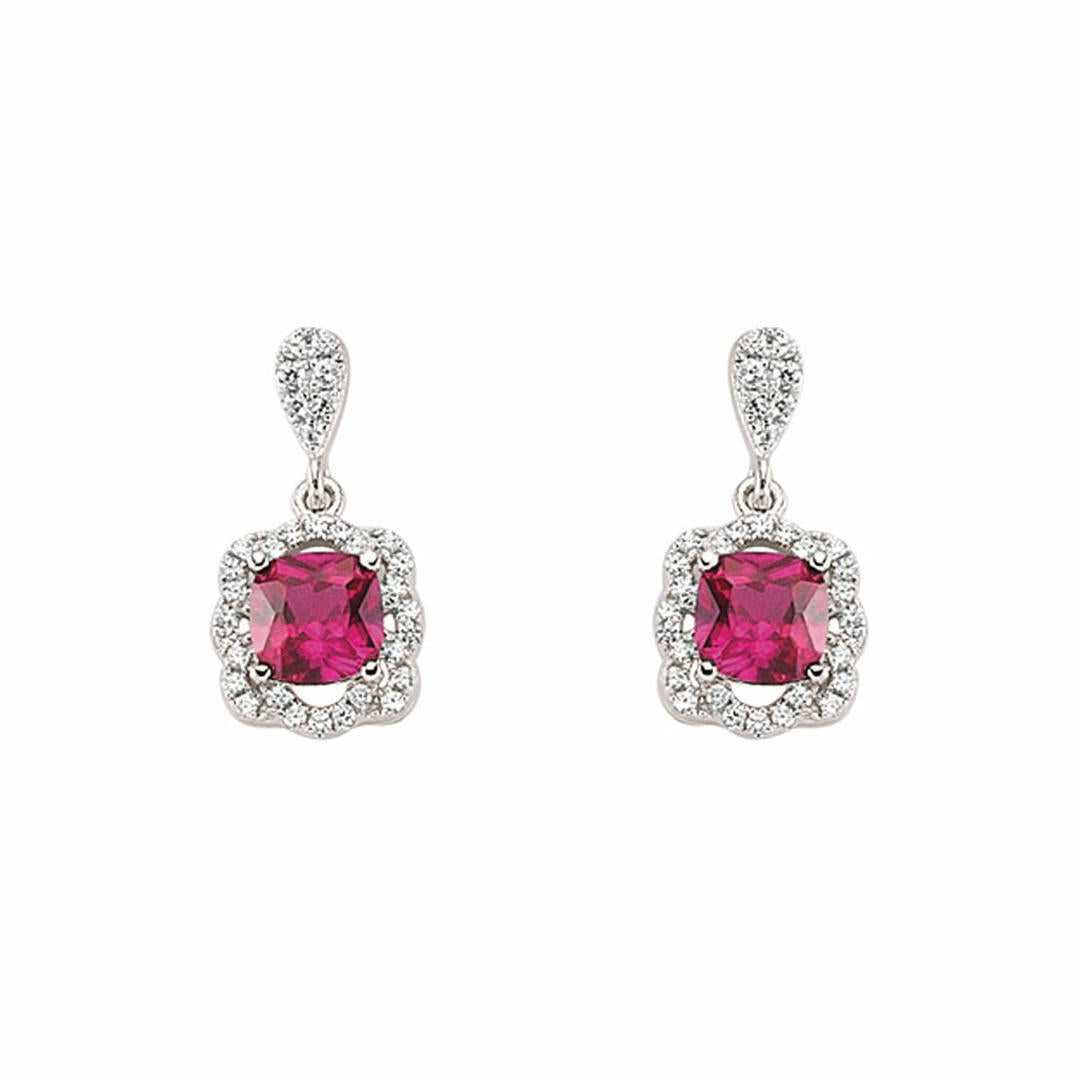 Silver  Red Cushion CZ Halo Cluster Stud Earrings - GVE345