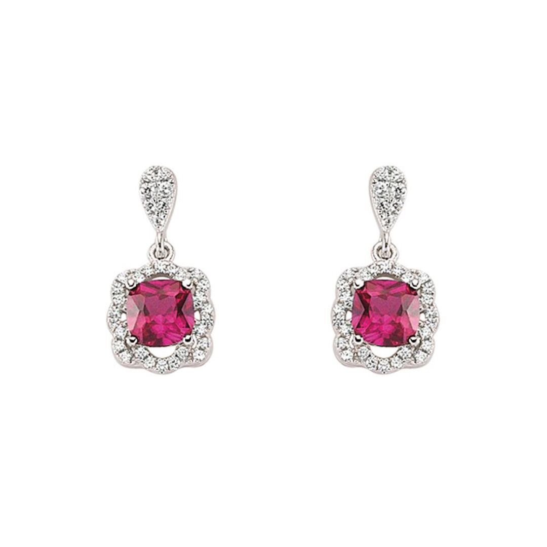 Silver  Red Cushion CZ Halo Cluster Stud Earrings - GVE345
