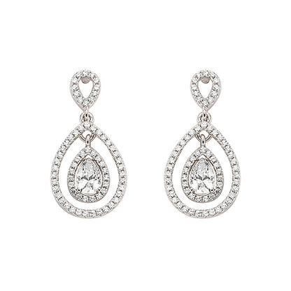 Silver  Pear CZ Teardrop Halo Drop Earrings - GVE346