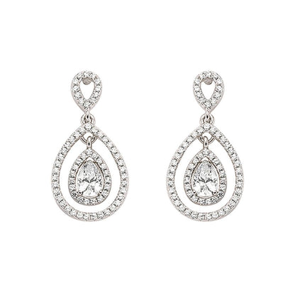 Silver  Pear CZ Teardrop Halo Drop Earrings - GVE346