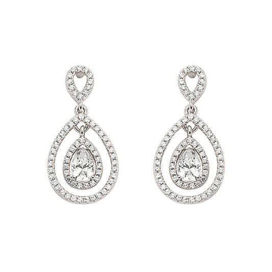 Silver  Pear CZ Teardrop Halo Drop Earrings - GVE346