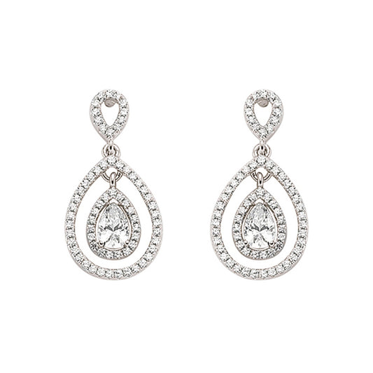 Silver  Pear CZ Teardrop Halo Drop Earrings - GVE346