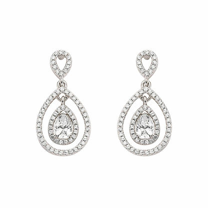 Silver  Pear CZ Teardrop Halo Drop Earrings - GVE346
