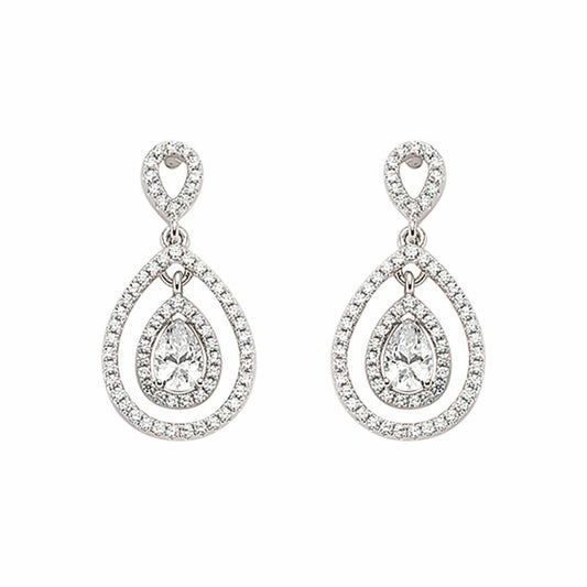 Silver  Pear CZ Teardrop Halo Drop Earrings - GVE346