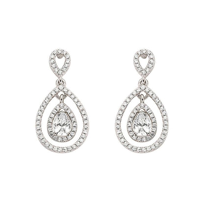 Silver  Pear CZ Teardrop Halo Drop Earrings - GVE346
