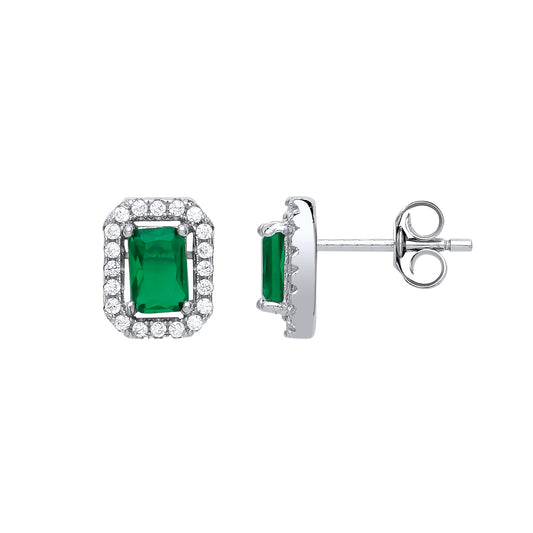 Silver  green emerald cut CZ Football Stadium Stud Earrings - GVE351EM